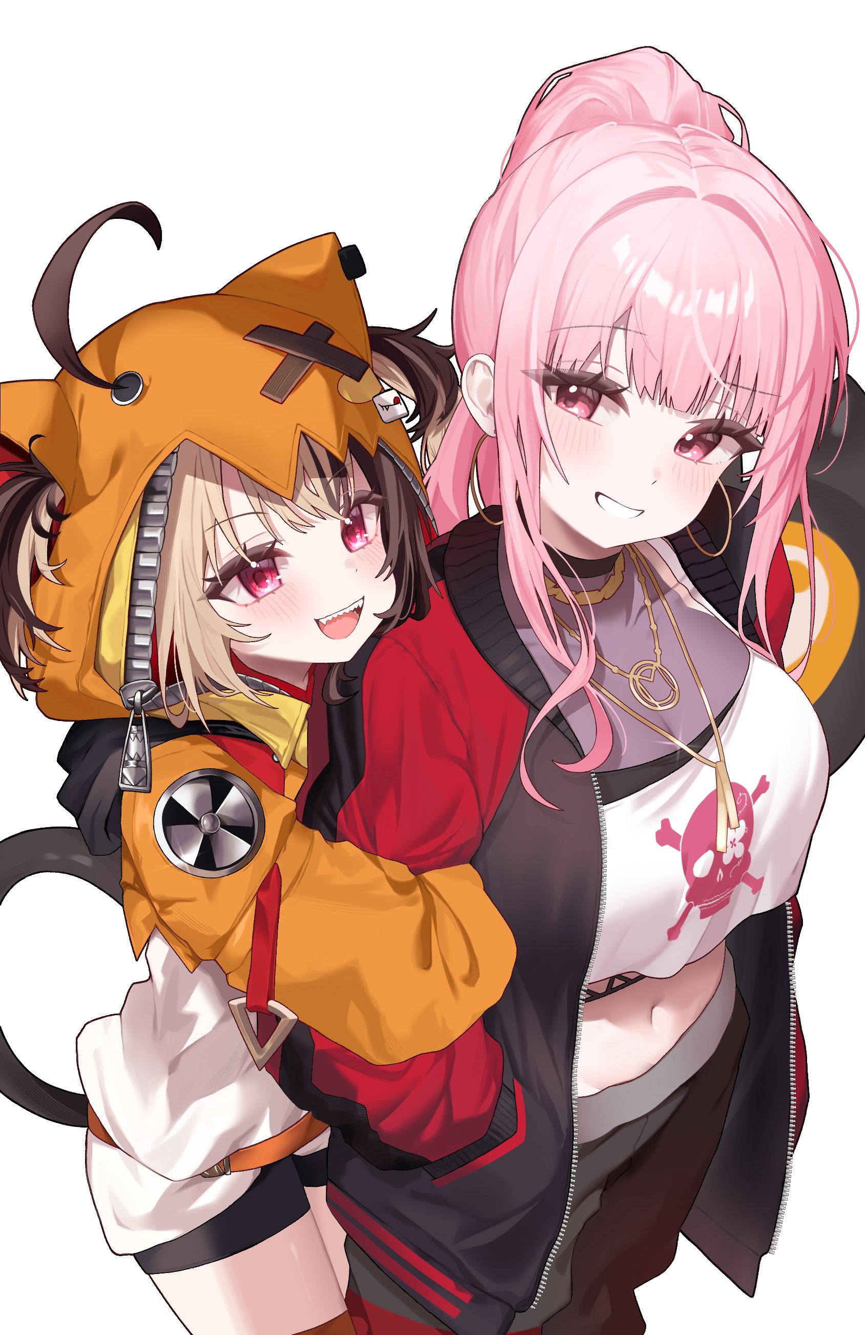 yufu, gigi murin, gigi murin (1st costume), mori calliope, mori calliope (streetwear), hololive, hololive english, absurdres, hashtag-only commentary, highres, 2girls, :d, animal ear hood, belt, bike shorts, black jacket, black pants, black shorts, blunt bangs, breasts, brown hair, cropped shirt, fake animal ears, fishnet top, fishnets, grin, halter shirt, halterneck, hand in pocket, holding another's arm, hood, hood up, hooded shrug, jacket, jewelry, large breasts, long hair, looking at another, midriff, multicolored hair, multicolored jacket, multiple girls, navel, necklace, official alternate costume, official alternate hairstyle, open mouth, orange belt, orange shrug, pants, pink eyes, pink hair, red jacket, sharp teeth, shirt, short hair, short twintails, shorts, shrug (clothing), sidelocks, simple background, skull and crossbones, smile, sweatpants, tail, tank top, teeth, twintails, two-tone hair, two-tone jacket, virtual youtuber, white background, white shirt, white tank top, yuri