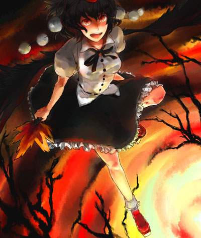 yukizen, shameimaru aya, touhou, lowres, 1girl, female focus, geta, hand fan, holding, holding fan, solo, tengu-geta