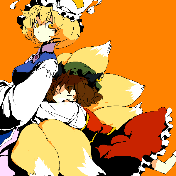 yukizen, chen, yakumo ran, touhou, 2girls, animal ears, animal hat, blonde hair, brown hair, cat ears, cat girl, cat tail, closed eyes, earrings, fang, female focus, fox tail, glomp, hat, hug, jewelry, long sleeves, mob cap, multiple girls, multiple tails, short hair, tail, tassel, wide sleeves, yellow eyes