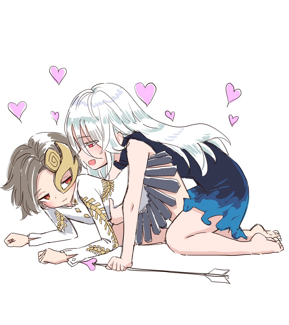 s-a-murai, iwanaga ariya, yuiman asama, fossilized wonders, touhou, commentary request, 2girls, all fours, arrow (projectile), barefoot, black hair, blue dress, couple, dress, full body, heart, long hair, looking at another, mask, multiple girls, open mouth, red eyes, shirt, short hair, white hair, white shirt, yuri