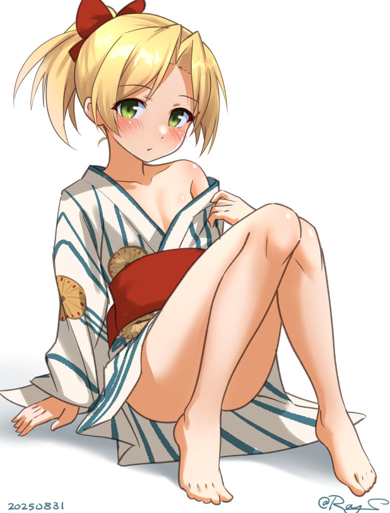 ray.s, maikaze (kancolle), maikaze (yukata) (kancolle), kantai collection, 1girl, barefoot, blonde hair, green eyes, japanese clothes, kimono, kimono partially removed, looking at viewer, official alternate costume, one-hour drawing challenge, parted bangs, short hair, simple background, solo, striped clothes, striped kimono, white background, white kimono, yukata