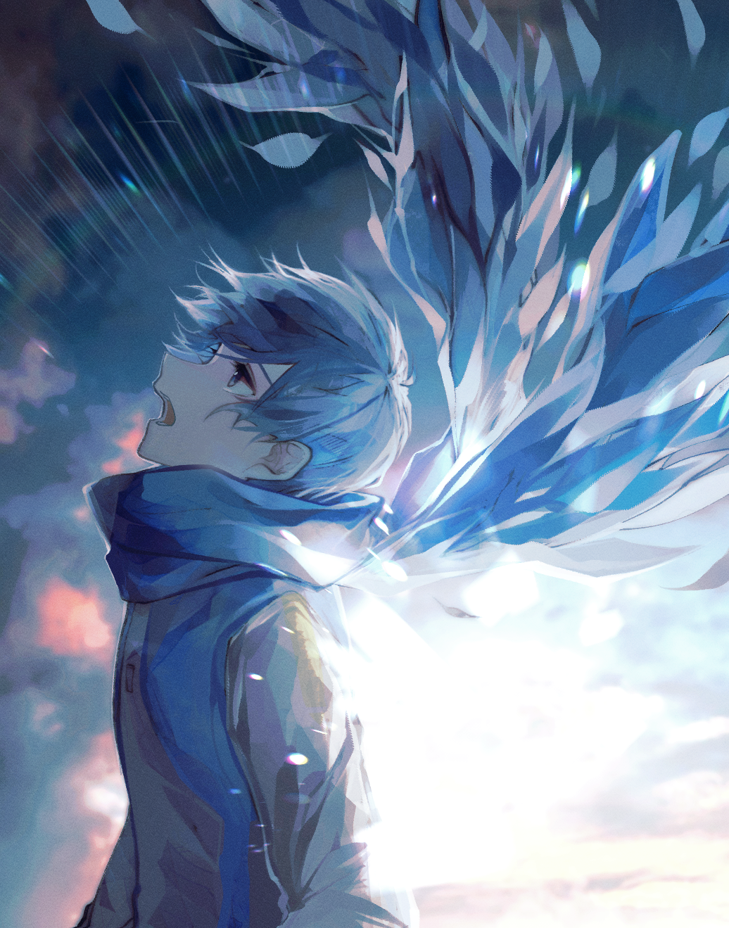 bibinggwas2, kaito (vocaloid), vocaloid, highres, 1boy, backlighting, blue eyes, blue hair, blue scarf, cloud, cloudy sky, floating scarf, from side, jacket, lens flare, looking up, male focus, open mouth, scarf, short hair, sky, solo, white jacket