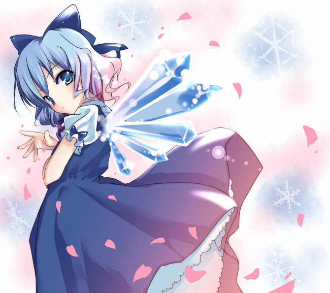 sho (runatic moon), cirno, embodiment of scarlet devil, touhou, 1girl, blue eyes, blue hair, bow, dress, female focus, hair bow, looking back, matching hair/eyes, petals, petticoat, short hair, snowflakes, solo, wings