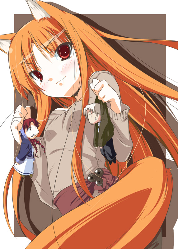 ko-chin, chloe, chloe (spice and wolf), craft lawrence, holo, spice and wolf, 00s, 1boy, 2girls, animal ears, blush, braid, chibi, dress, jacket, long hair, long sleeves, multiple girls, orange hair, red eyes, red hair, skirt, tail, twin braids, white hair, wolf ears, wolf tail