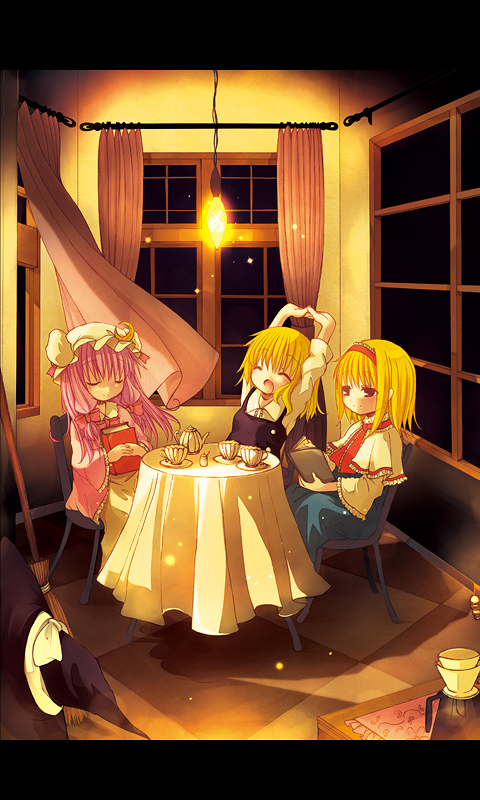 catbell, alice margatroid, kirisame marisa, patchouli knowledge, touhou, 3girls, :o, ^ ^, arms up, blonde hair, blue dress, book, braid, broom, capelet, cardigan, chair, closed eyes, cup, curtains, dress, female focus, frills, hat, indoors, light bulb, long hair, multiple girls, open book, pink hair, purple hair, reading, saucer, single braid, sitting, smile, straight hair, stretching, table, teacup, teapot, unworn hat, unworn headwear, white dress, wide sleeves, wind, window, witch hat, yawning