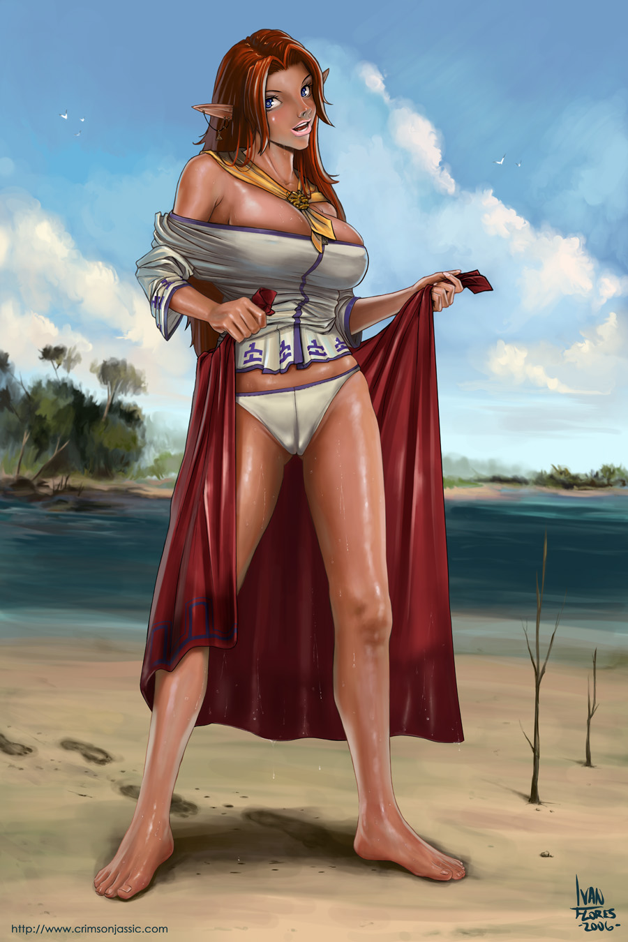 ivan flores, malon, nintendo, the legend of zelda, the legend of zelda: ocarina of time, highres, beach, blue eyes, breasts, cameltoe, dark skin, earrings, elf, jewelry, large breasts, legs, lips, long hair, panties, pointy ears, red hair, underwear