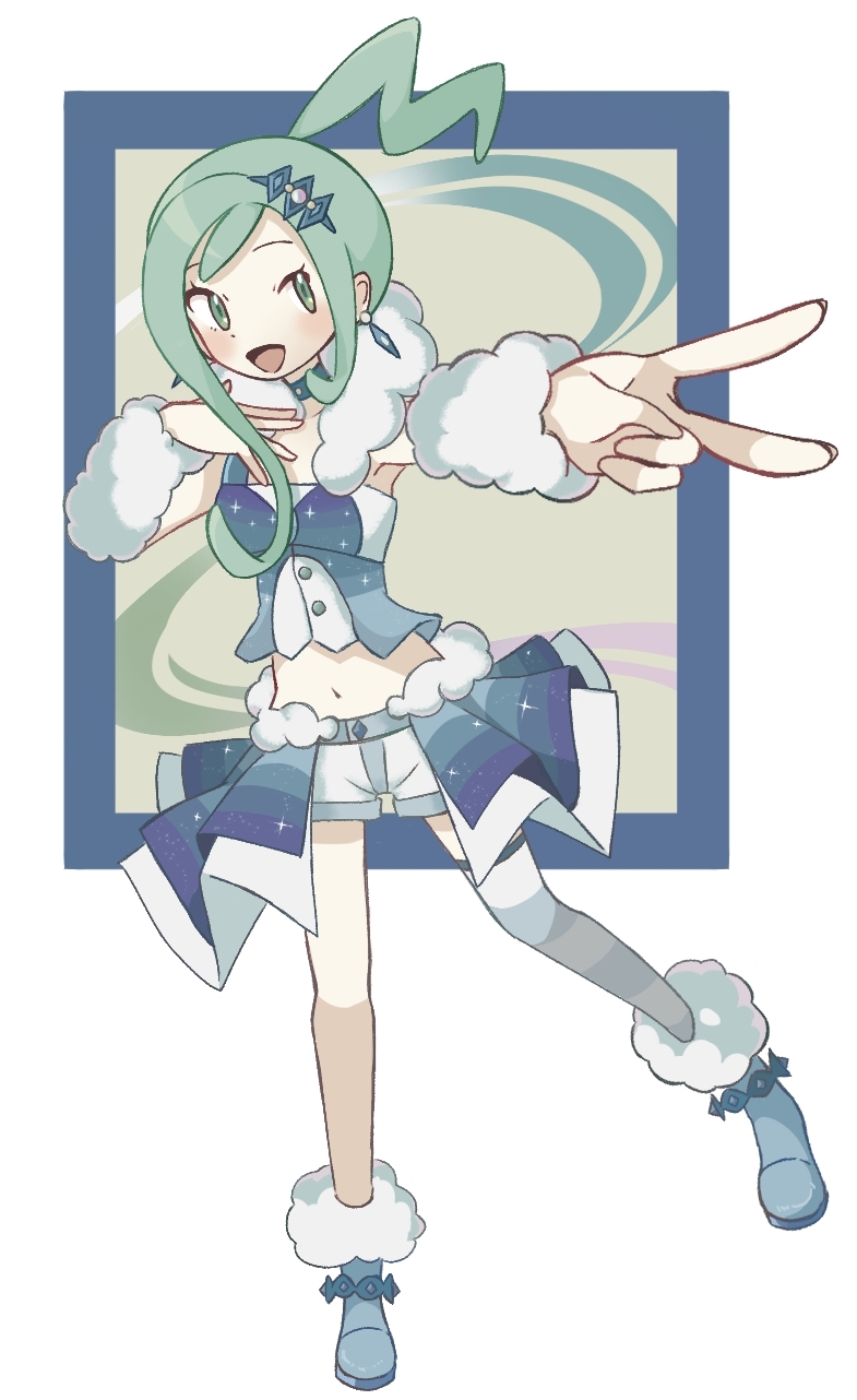 lisia (pokemon), nintendo, pokemon, pokemon oras, commentary request, highres, 1girl, :d, arm warmers, boots, earrings, full body, green eyes, green hair, hair ornament, happy, jewelry, navel, open mouth, overskirt, ponytail, scarf, shorts, sidelocks, single thighhigh, siosato 4213, smile, solo, standing, thighhighs, tongue, v, vest, white scarf