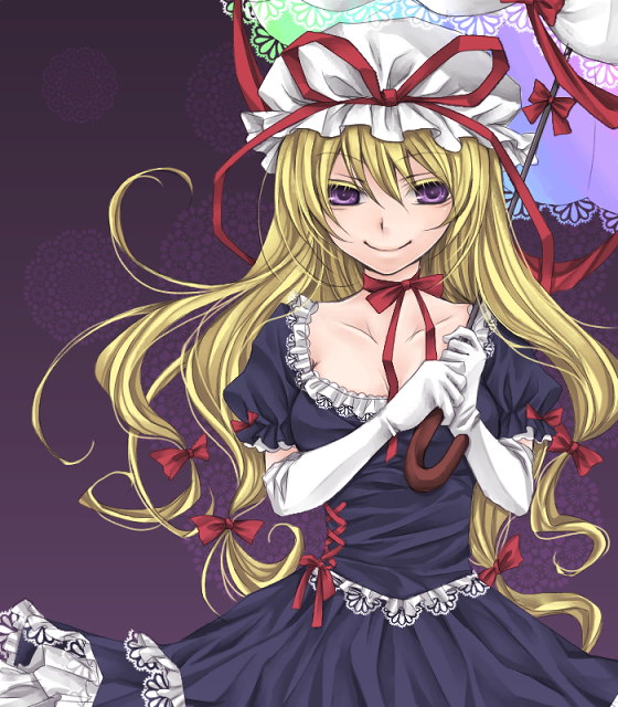 shiratama (mofutto), yakumo yukari, touhou, 1girl, dress, elbow gloves, female focus, gloves, gradient background, hat, parasol, solo, umbrella