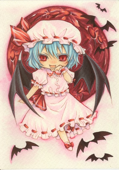 shiratama (mofutto), remilia scarlet, touhou, 1girl, bat (animal), chibi, female focus, full moon, hand to own mouth, hat, mob cap, moon, red moon, ribbon, skirt, solo, wings