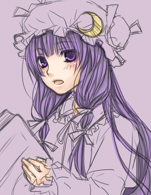 shiratama (mofutto), patchouli knowledge, touhou, 1girl, :o, blush, book, crescent, female focus, hat, holding, holding book, long hair, looking at viewer, mob cap, open book, open mouth, purple eyes, purple hair, reading, sidelocks, sketch, solo, upper body, very long hair
