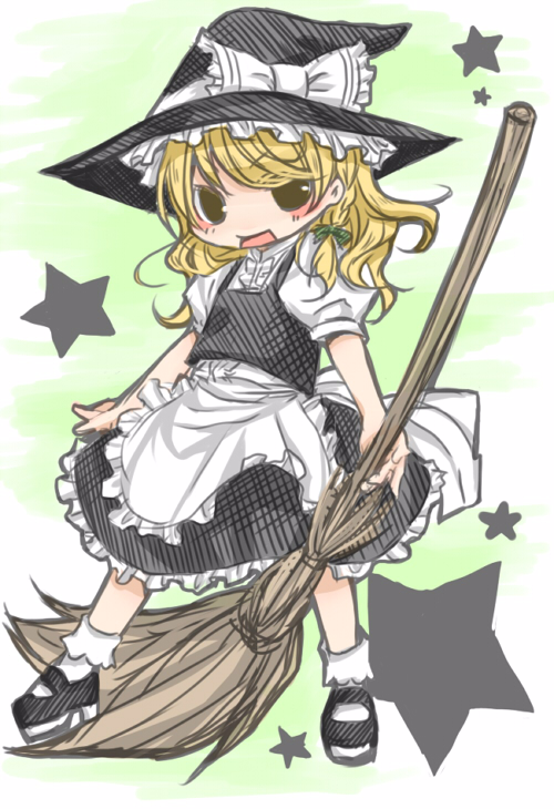 shiratama (mofutto), kirisame marisa, touhou, eyebrows, 1girl, :d, apron, between legs, black eyes, black hat, black shoes, black skirt, black vest, blonde hair, blush, bow, braid, broom, female focus, frilled apron, frills, full body, green background, green bow, hair bow, hat, hat bow, hat ribbon, holding, holding broom, legs apart, long hair, looking at viewer, mary janes, open mouth, puffy short sleeves, puffy sleeves, ribbon, shirt, shoes, short sleeves, skirt, smile, socks, solo, standing, star (symbol), vest, waist apron, white apron, white bow, white ribbon, white shirt, white socks, witch hat