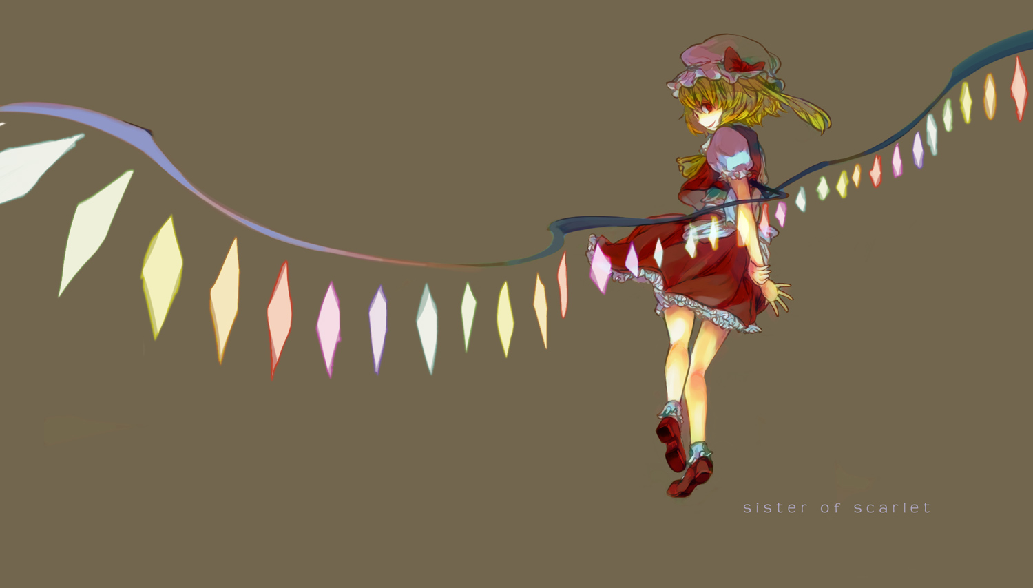 yukizen, flandre scarlet, touhou, beige background, 1girl, ascot, blonde hair, blouse, crystal, demon wings, dress, female focus, frills, full body, hat, hat ribbon, mob cap, oversized wings, puffy short sleeves, puffy sleeves, rainbow order, red dress, red eyes, red shoes, ribbon, shirt, shoes, short hair, short sleeves, side ponytail, simple background, smile, socks, solo, standing, text focus, white hat, white shirt, white socks, wings