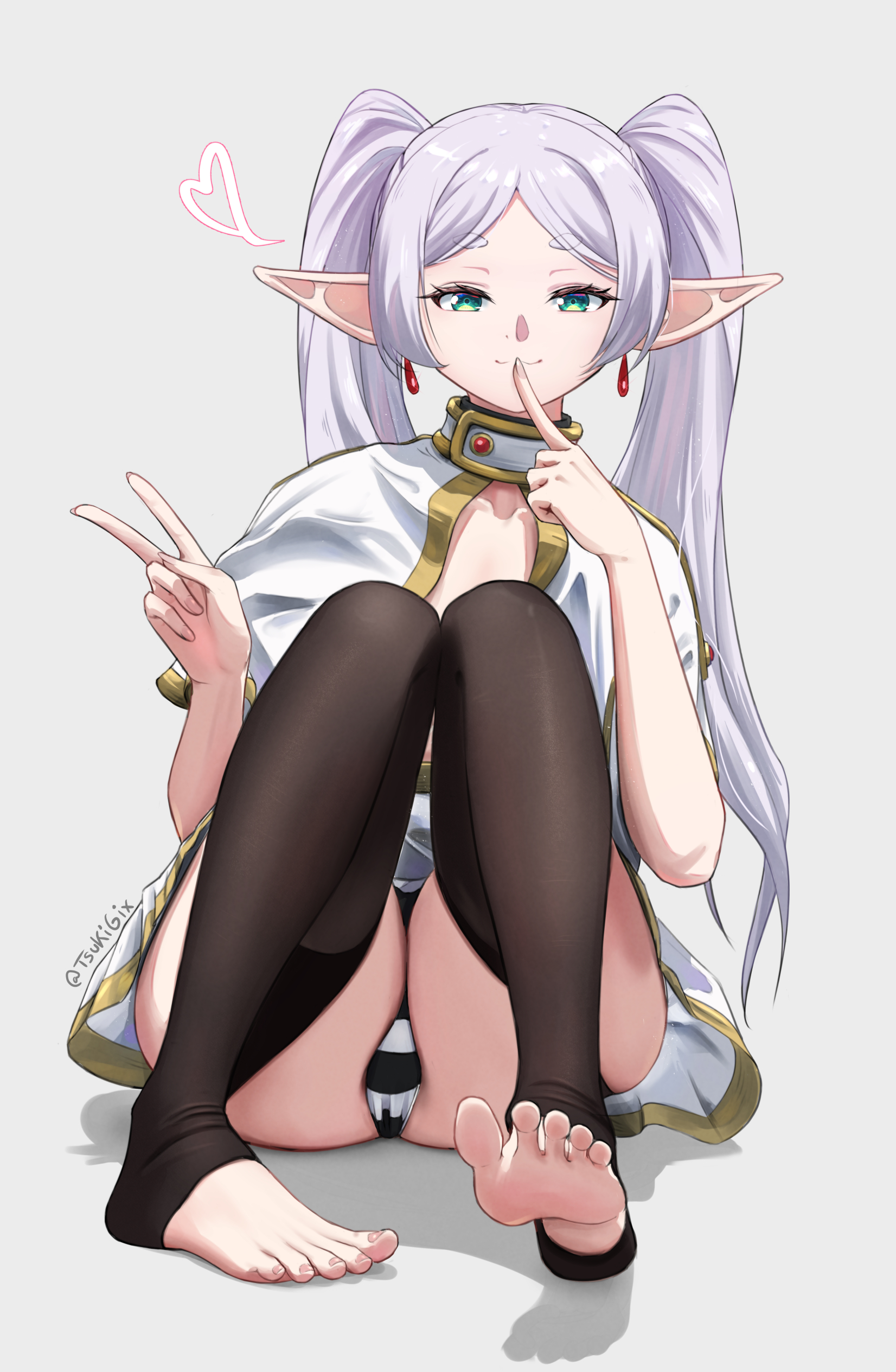 gixtsuki, frieren, sousou no frieren, highres, 1girl, barefoot, feet, finger to mouth, green eyes, grey hair, long hair, looking at viewer, panties, pantyshot, smile, soles, striped clothes, striped panties, thighhighs, toeless legwear, toes, twintails, underwear, v