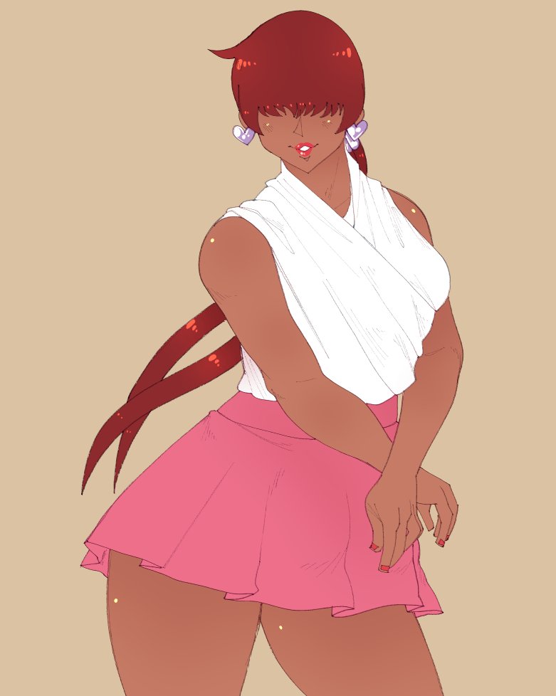 1shermieaday, shermie (kof), the king of fighters, 1girl, breasts, curvy, dark-skinned female, dark skin, earrings, female focus, heart, jewelry, large breasts, long hair, marellartt, ponytail, red hair, skirt, standing, tan, thick thighs, thighs, twintails, wide hips