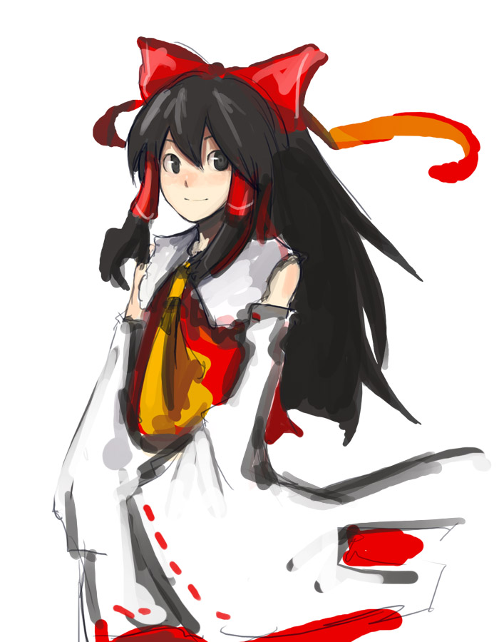 kasa (hitori sanka), hakurei reimu, touhou, 1girl, ascot, bare shoulders, bow, brown eyes, brown hair, detached sleeves, female focus, hair bow, japanese clothes, long hair, miko, solo