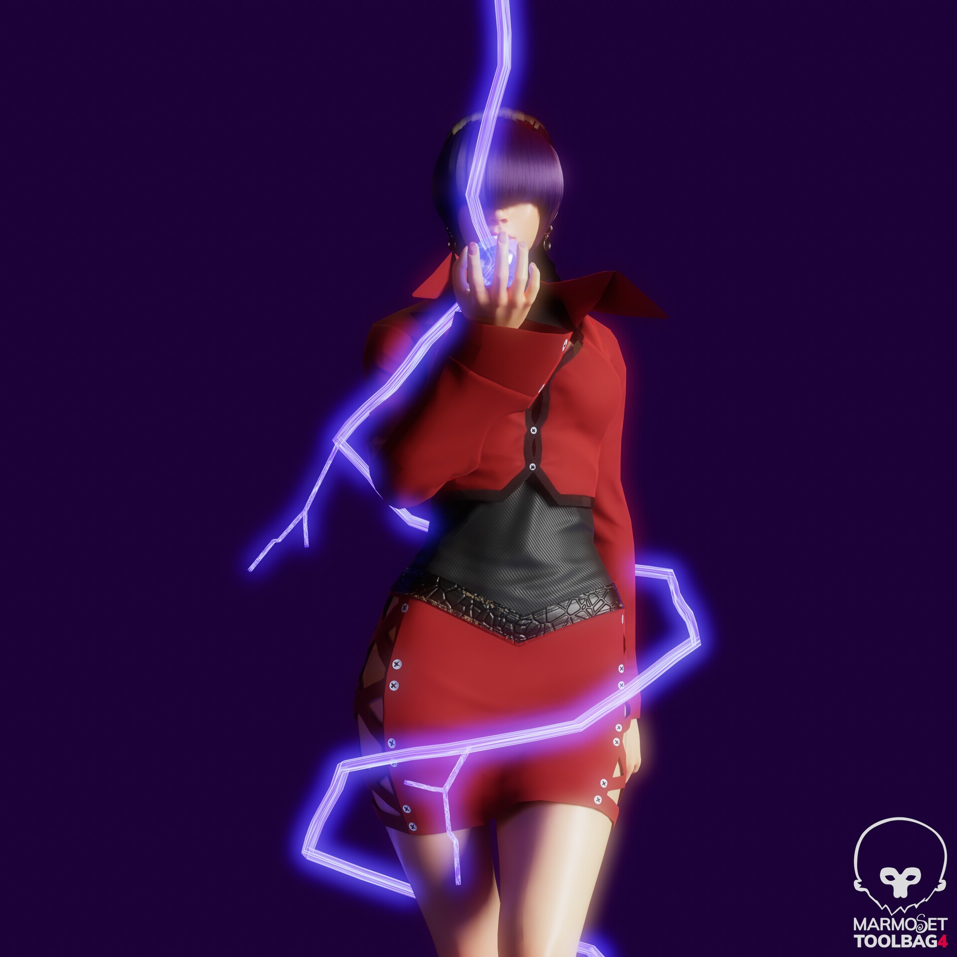 orochi shermie, shermie (kof), the king of fighters, 1girl, clothing cutout, dress, earrings, electricity, female focus, fishnets, h m z, jacket, jewelry, long hair, long sleeves, pale skin, ponytail, purple hair, skirt, standing, thighs, thunder, wide hips