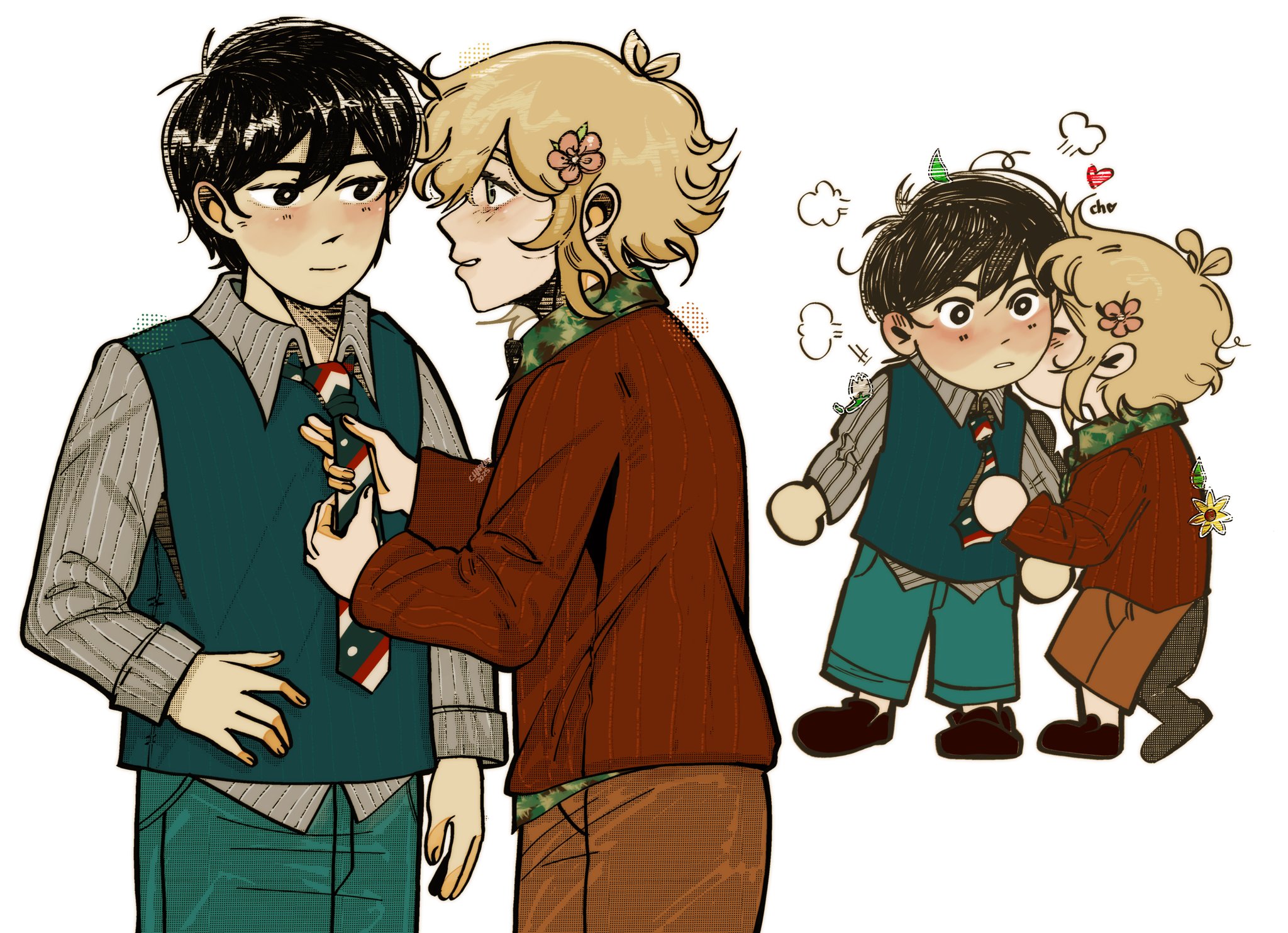 charlesfirework, basil (faraway) (omori), basil (omori), sunny (omori), omori, highres, 2boys, adjusting clothes, adjusting necktie, alternate costume, antenna hair, black eyes, black hair, black shoes, blonde hair, blue eyes, blush, bright pupils, brown pants, chibi, closed mouth, collared shirt, flower, green pants, grey shirt, hair flower, hair ornament, kiss, kissing cheek, loafers, looking at another, male focus, multiple boys, necktie, pants, parted lips, red sweater, shirt, shoes, short hair, sidelocks, simple background, striped clothes, striped shirt, sweater, vertical-striped clothes, vertical-striped shirt, white background, white pupils