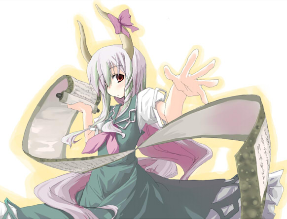 mochiki, ex-keine, kamishirasawa keine, touhou, 1girl, female focus, horn ornament, horn ribbon, horns, ribbon, scroll, solo, standing, white background