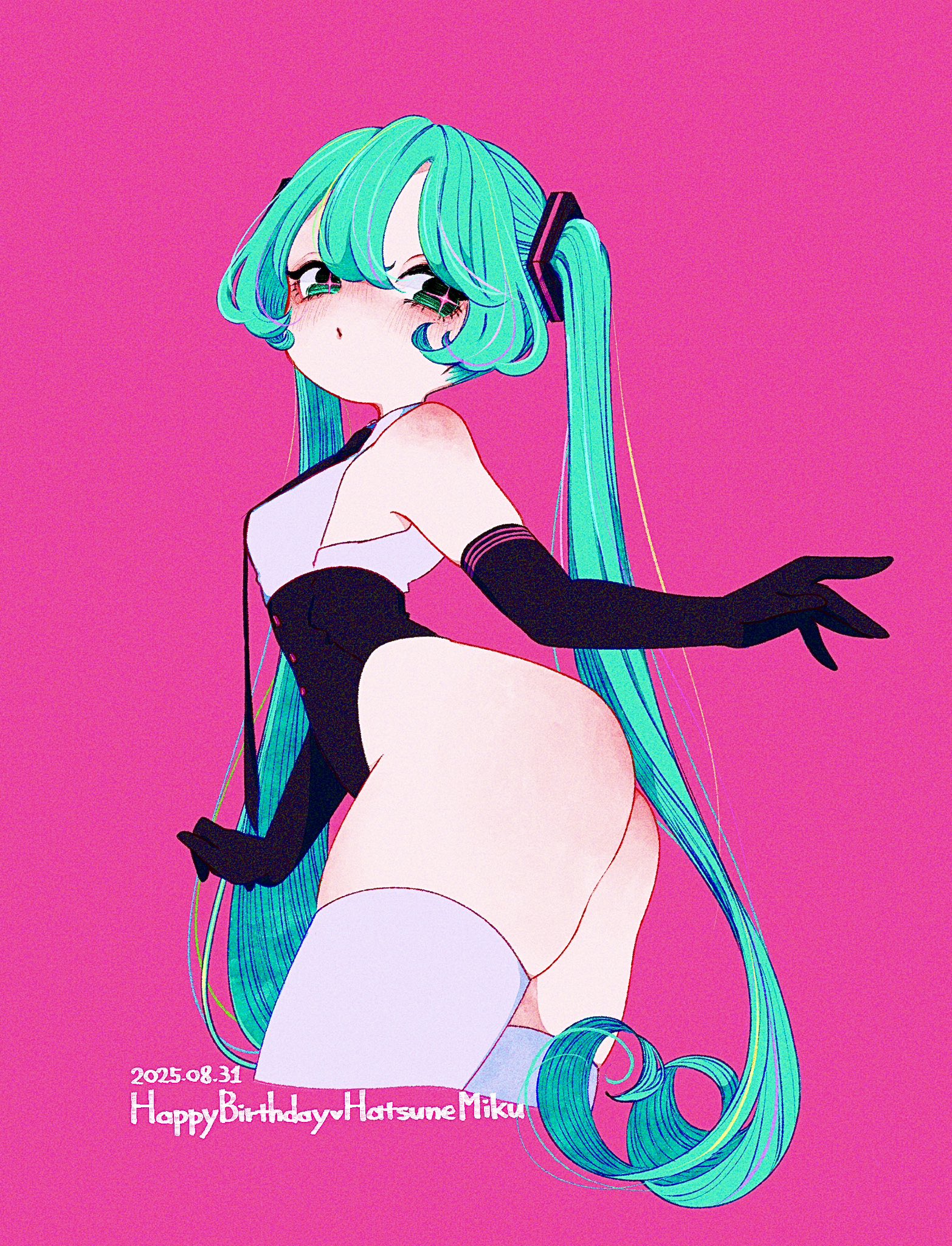 tonoko (annin tono), hatsune miku, vocaloid, commentary, highres, symbol-only commentary, 1girl, ass, black gloves, character name, cropped legs, dated, elbow gloves, gloves, green eyes, green hair, happy birthday, long hair, pink background, simple background, skindentation, solo, thighhighs, twintails, white thighhighs