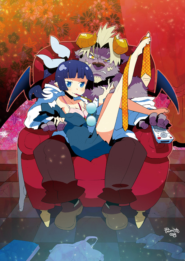 hamamoto ryuusuke, original, barefoot, blue eyes, blue hair, necktie, wings