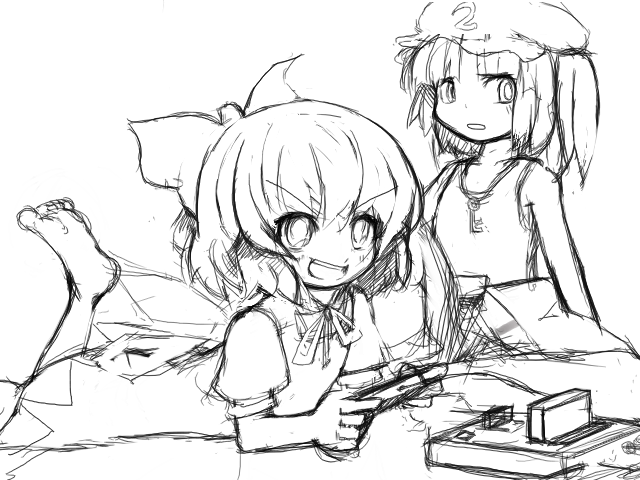 luft (luft dokka), cirno, kawashiro nitori, touhou, 2girls, barefoot, bow, famicom, feet, female focus, game console, greyscale, monochrome, multiple girls, playing games, sketch, two side up, video game