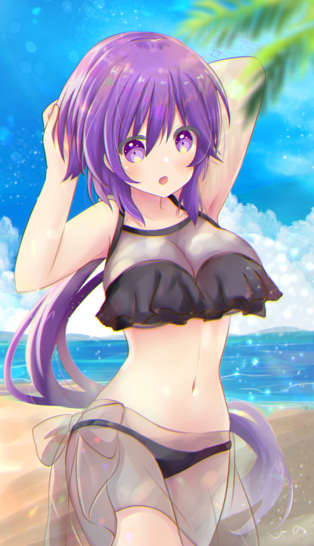 ura (ura-tennislove), mizuori shizuku, summer pockets, commentary request, highres, 1girl, :o, alternate costume, arms behind head, beach, bikini, black bikini, blue sky, blurry, blush, breasts, cleavage, collarbone, cowboy shot, day, depth of field, eyes visible through hair, floating hair, frilled bikini, frills, hair between eyes, large breasts, light particles, long hair, looking at viewer, low ponytail, navel, ocean, open mouth, outdoors, ponytail, purple eyes, purple hair, see-through clothes, see-through skirt, signature, skirt, sky, solo, stomach, swimsuit, tareme, very long hair