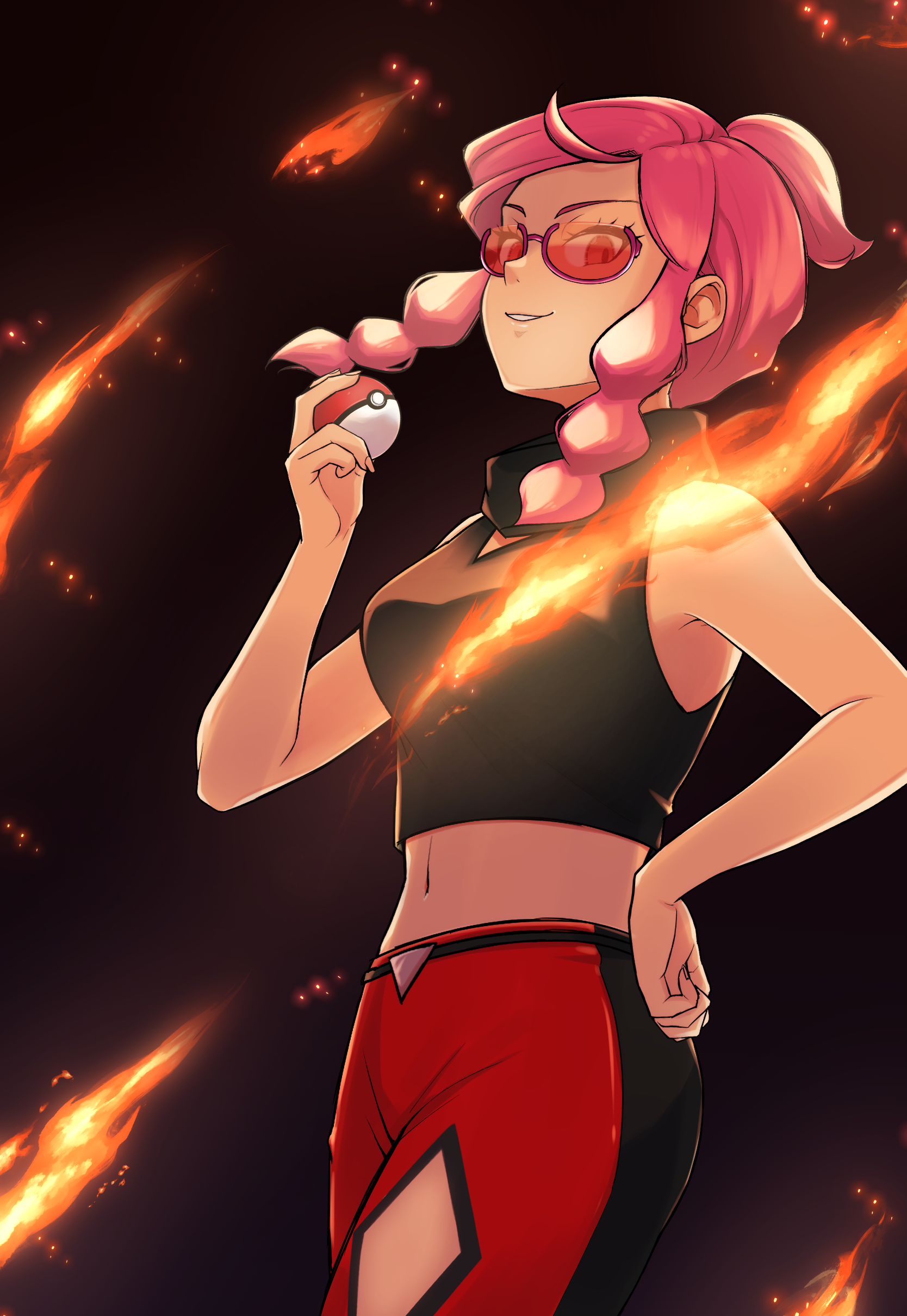 sakazaki genji, malva (pokemon), nintendo, pokemon, pokemon xy, absurdres, commentary request, highres, 1girl, breasts, cropped shirt, diamond cutout, eyelashes, fire, hand on hilt, hand up, holding, holding poke ball, medium breasts, navel, pants, pink hair, poke ball, poke ball (basic), shirt, sidelocks, sleeveless, sleeveless shirt, smile, solo, sunglasses, team flare