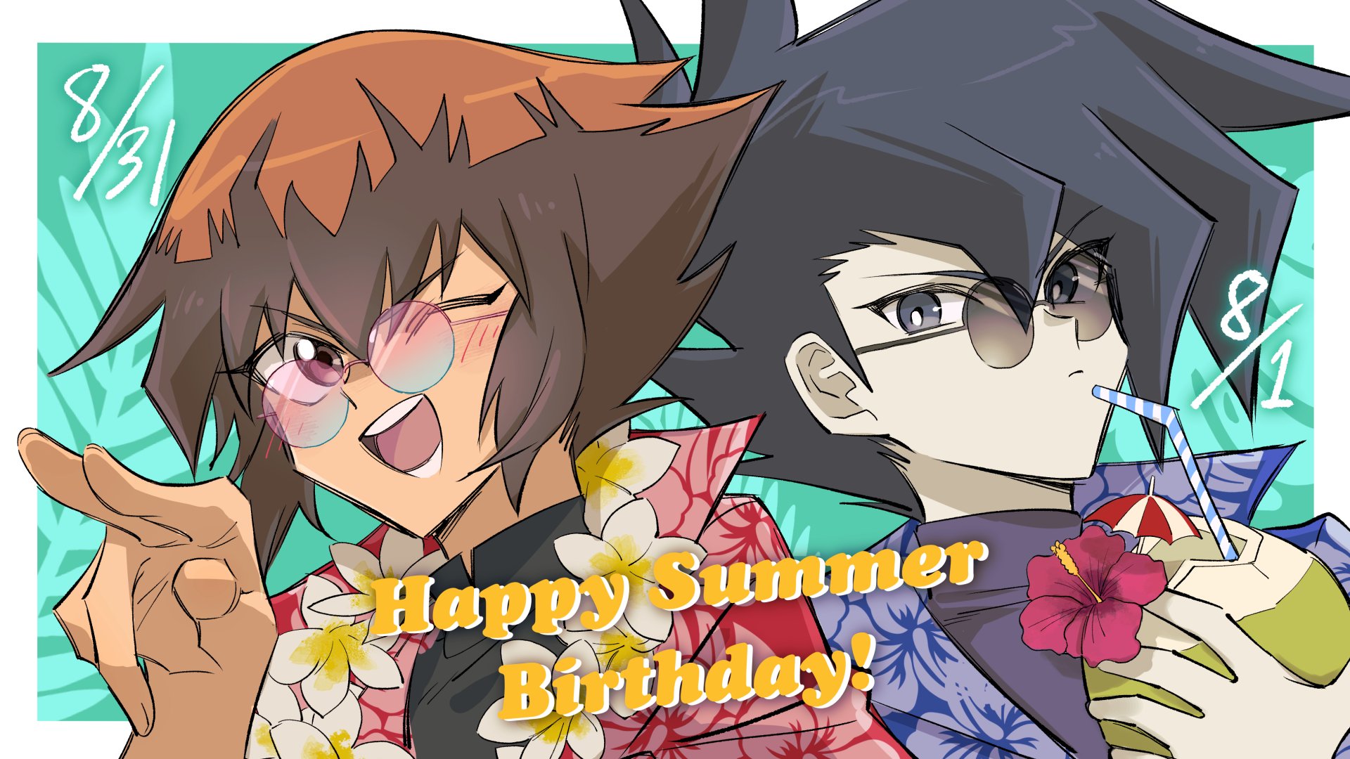 buttersea, manjoume jun, yuki judai, yu-gi-oh!, yu-gi-oh! gx, highres, 2boys, black hair, black shirt, brown eyes, brown hair, cocktail umbrella, coconut, coconut cup, floral print shirt, flower, grey eyes, happy birthday, male focus, multiple boys, one eye closed, pointing, popped collar, shirt, spiked hair, sunglasses, umbrella