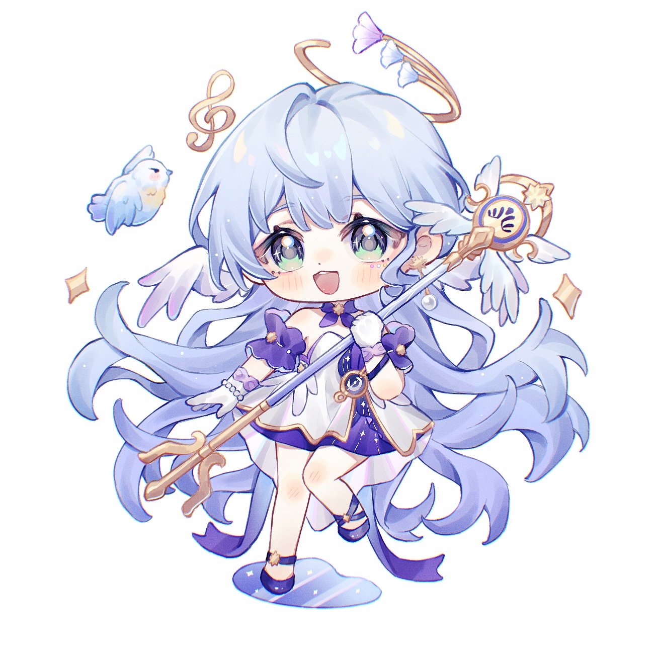 robin (honkai: star rail), honkai: star rail, honkai (series), highres, 1girl, :d, bai li xuan, bare shoulders, blue hair, blush, bow, bowtie, chibi, chibi only, dress, full body, gloves, green eyes, holding, holding staff, long hair, looking at viewer, open mouth, purple bow, purple bowtie, purple shoes, shoes, simple background, smile, solo, staff, standing, strapless, strapless dress, treble clef, very long hair, white background, white dress, white gloves