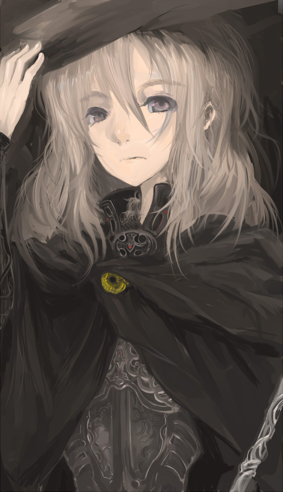 enchi, original, 1girl, armor, blonde hair, brooch, cloak, female focus, grey eyes, grey hair, hand on headwear, hat, jewelry, short hair, solo, witch