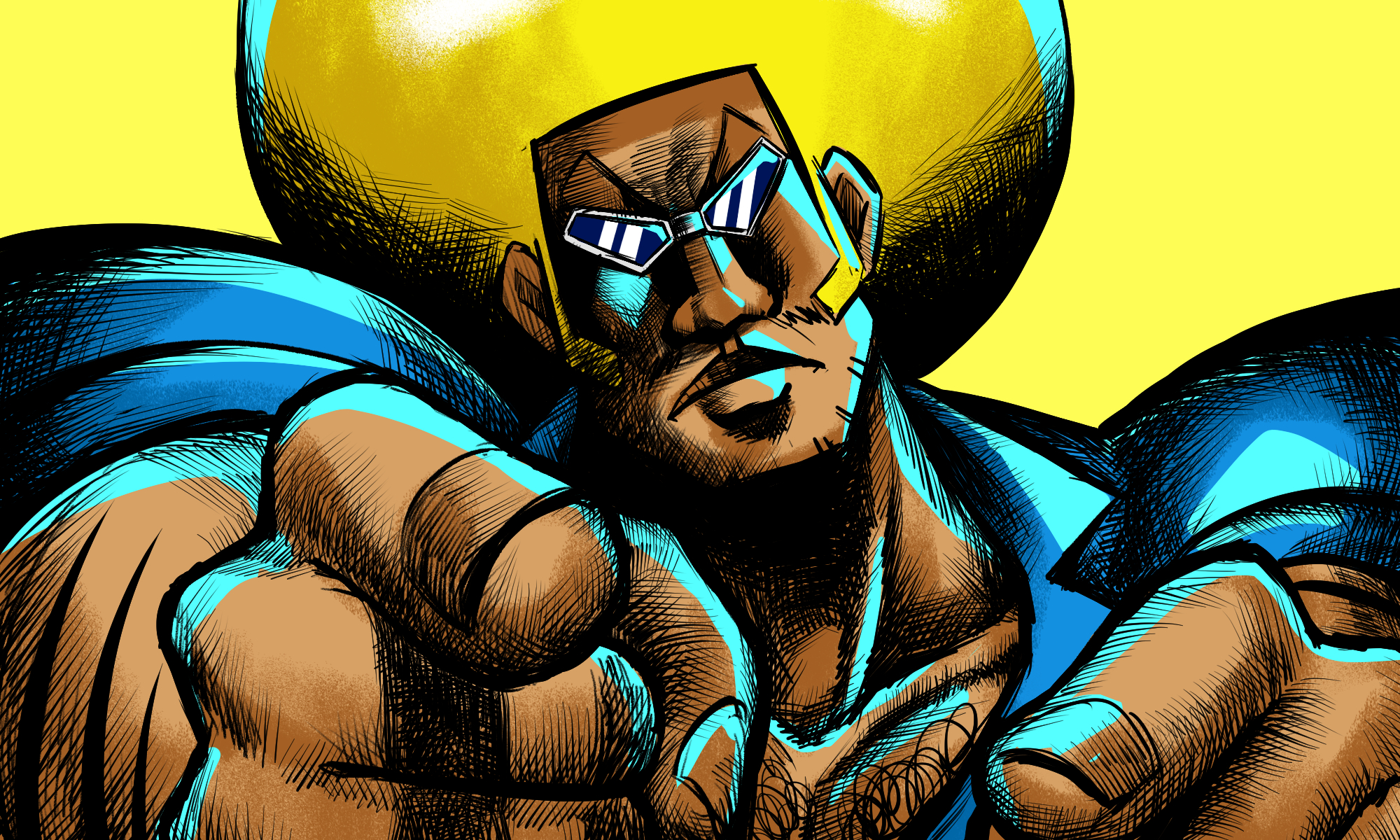 jazz jack, bobobo-bo bo-bobo (character), bobobo-bo bo-bobo, commentary, highres, 1boy, afro, arm hair, beard stubble, blonde hair, blue shirt, chest hair, close-up, collared shirt, facial hair, fingernails, looking at viewer, male focus, muscular, muscular male, pointing, pointing at viewer, shirt, short sleeves, sideburns, simple background, solo, stubble, sunglasses, yellow background