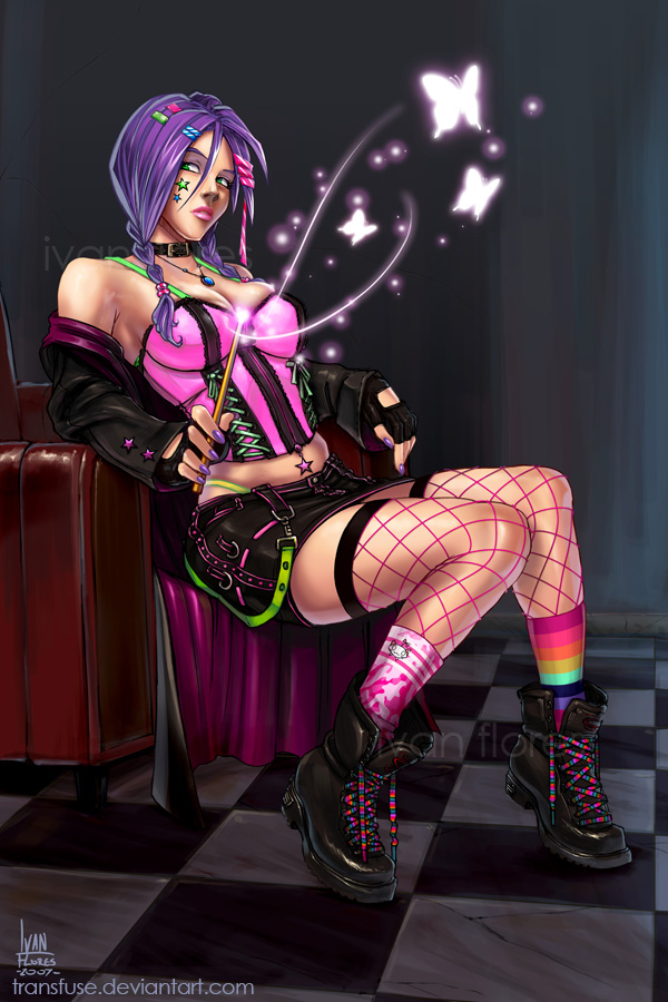 ivan flores, harry potter, nymphadora tonks, checkered, multicolored legwear, star, boots, breasts, bustier, butterfly, checkered floor, cleavage, fingerless gloves, fishnets, gloves, lingerie, miniskirt, mismatched legwear, mismatched socks, nail polish, purple hair, skirt, socks, underwear, wand