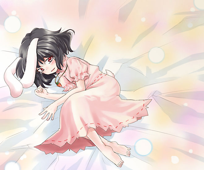 inaba tewi, touhou, 1girl, animal ears, barefoot, bed sheet, black hair, carrot necklace, dress, female focus, looking at viewer, lying, necklace, on side, pink dress, rabbit ears, red eyes, short hair, short sleeves, solo, tail, tears