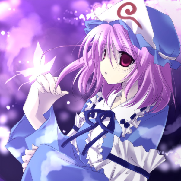 imari yuka, saigyouji yuyuko, touhou, 1girl, bug, butterfly, female focus, hat, insect, mob cap, short hair, solo