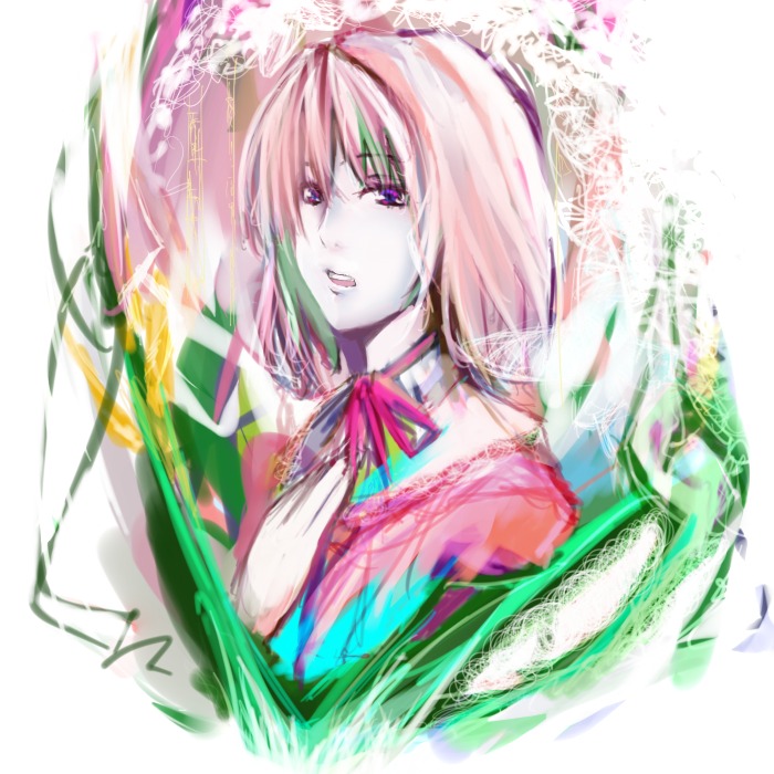 tori (minamopa), alice margatroid, touhou, 1girl, collar, dress, expressionless, female focus, frills, hand on own chest, looking at viewer, pale skin, pink hair, purple eyes, red dress, red ribbon, ribbon, short hair, solo, upper body, uppercut