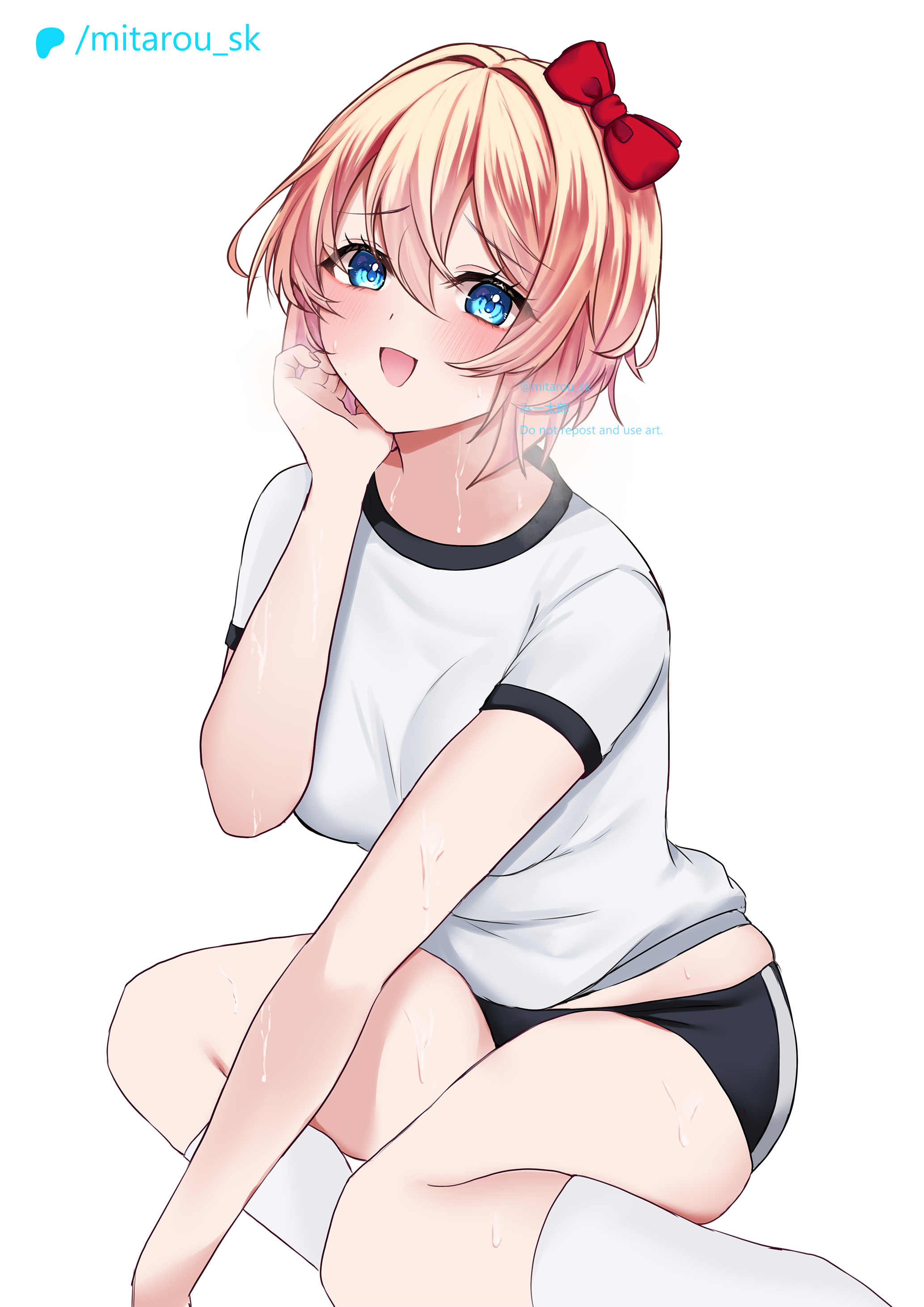 mi tarou0412, sayori (doki doki literature club), doki doki literature club, calves, absurdres, highres, 1girl, :d, artist name, blue eyes, blush, breasts, buruma, eyebrows hidden by hair, eyelashes, gym shirt, gym uniform, hair intakes, hair ribbon, hand on own face, kneehighs, knees, looking at viewer, medium breasts, midriff peek, open mouth, patreon logo, patreon username, pink hair, raised inner eyebrows, ribbon, shirt, short hair, simple background, smile, socks, solo, sweat, thighs, watermark, white background, white shirt, white socks