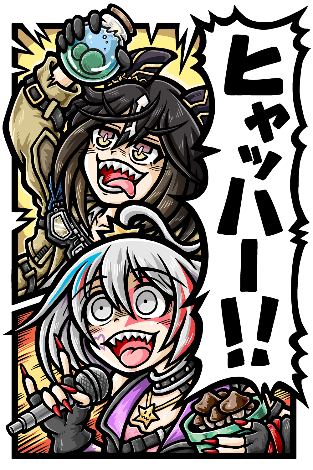 ginrin, hoshi syoko, marimo, stay gold (umamusume), idolmaster, idolmaster cinderella girls, umamusume, commentary request, highres, translation request, 2girls, animal ears, black gloves, black hair, blonde hair, blue hair, collar, ear covers, fingerless gloves, fingernails, flower pot, gloves, goggles, goggles around neck, green eyes, grey eyes, grey hair, hair between eyes, holding, holding flower pot, holding microphone, horse ears, horse girl, matsuda satsumi, microphone, multicolored eyes, multicolored hair, multiple girls, mushroom, pac-man eyes, purple eyes, red hair, shared speech bubble, sharp fingernails, sharp teeth, shouting, speech bubble, star pendant, teeth, tongue, tongue out, two-tone eyes, voice actor connection, wrist belt, yellow eyes