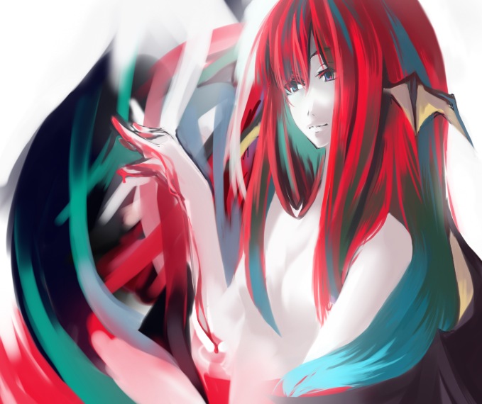 ehime mikan, tori (minamopa), koakuma, embodiment of scarlet devil, touhou, 1girl, blush, breasts, cleavage, completely nude, convenient censoring, demon girl, female focus, hair censor, head wings, nude, simple background, solo, upper body, wings