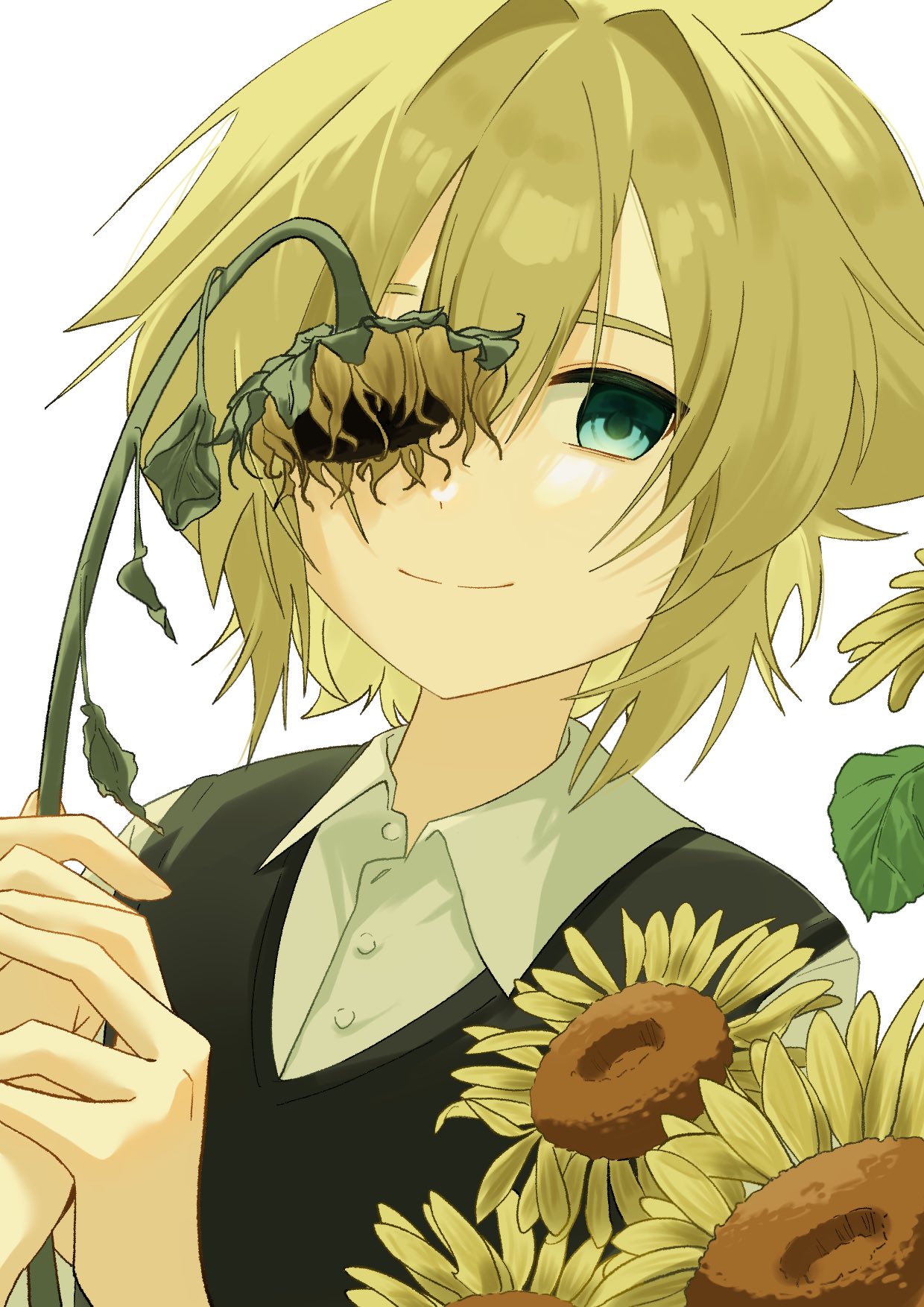 basil (faraway) (omori), basil (omori), omori, highres, 1boy, blonde hair, blue eyes, closed mouth, collared shirt, double-parted bangs, flower, green sweater vest, hair intakes, holding, holding flower, looking at viewer, puepue 11, shirt, short hair, short sleeves, simple background, smile, solo, sunflower, sweater vest, upper body, white background, white shirt