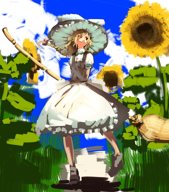 kirisame marisa, touhou, 1girl, blonde hair, female focus, flower, solo, sunflower