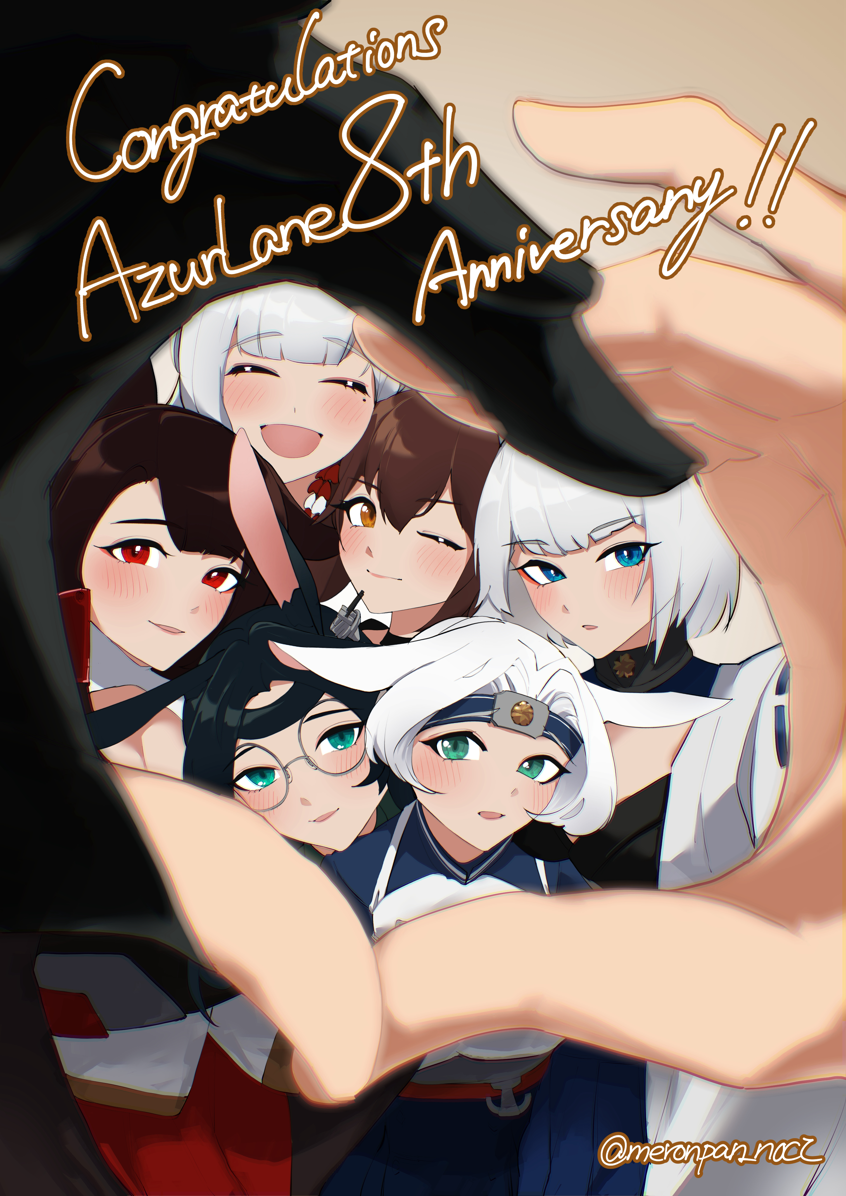 nocturnal melonpan, akagi (azur lane), hiryuu (azur lane), kaga (azur lane), shoukaku (azur lane), souryuu (azur lane), zuikaku (azur lane), azur lane, absurdres, commentary request, highres, 6+girls, :d, ;), animal ears, anniversary, black gloves, black hair, black kimono, blue eyes, blue hair, blue kimono, blue skirt, blush, brown hair, closed eyes, closed mouth, copyright name, ears down, expressionless, eyeshadow, forehead protector, fox ears, fox girl, glasses, gloves, green eyes, hair between eyes, hair ornament, hairclip, hands up, happy, heart, heart frame, heart hands, heart hands duo, japanese clothes, kimono, light smile, long hair, makeup, medium hair, multiple girls, one eye closed, open mouth, orange eyes, pleated skirt, rabbit ears, rabbit girl, red eyes, red eyeshadow, red skirt, sakura empire (emblem), single ear down, skirt, smile, very long hair, white hair, white kimono, yellow eyes