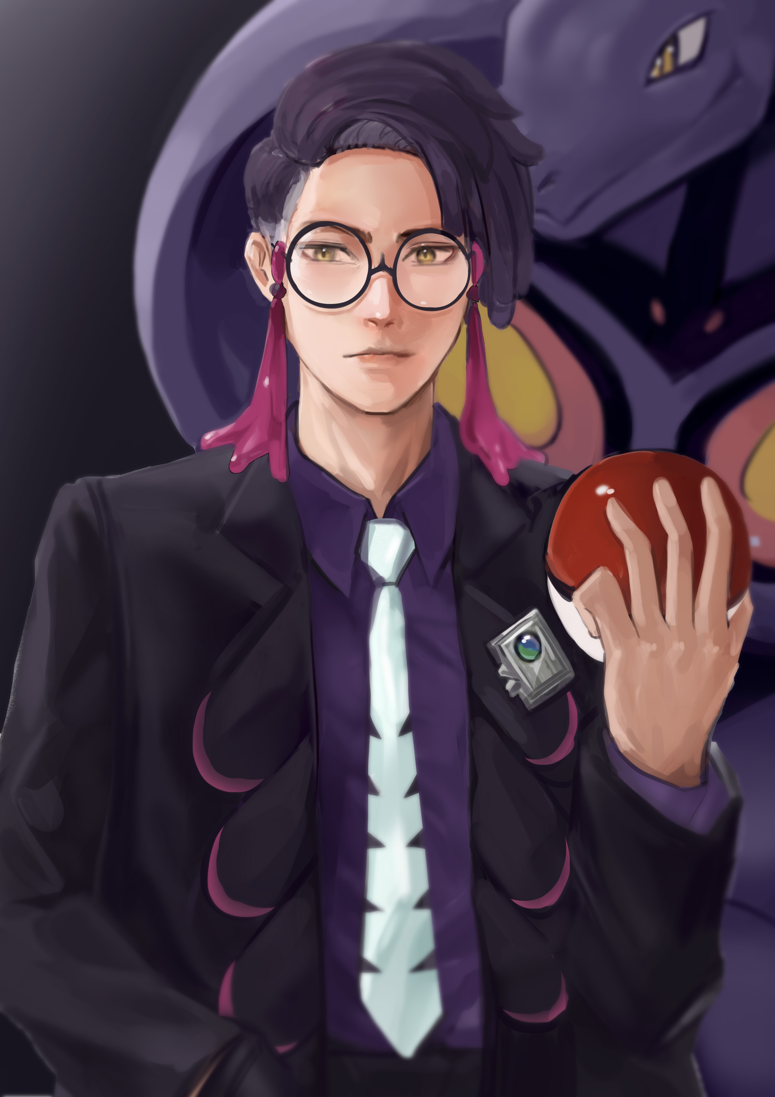 arbok, corbeau (pokemon), nintendo, pokemon, pokemon legends: z-a, absurdres, commentary, highres, 1boy, 99 (pixiv 32274219), black-framed eyewear, black hair, black jacket, closed mouth, collared shirt, gen 1 pokemon, glasses, hand up, holding, holding poke ball, jacket, long sleeves, male focus, necktie, open clothes, open jacket, poke ball, poke ball (basic), pokemon (creature), purple shirt, round eyewear, shirt, short hair, white necktie, yellow eyes