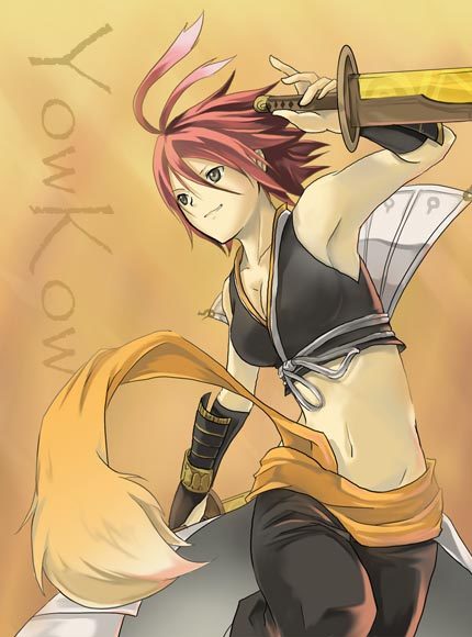 alkaid (.hack//), .hack//, .hack//g.u., .hack//games, bandai, cyber connect 2, 00s, 1girl, antenna hair, armpits, breasts, bridal gauntlets, cleavage, crop top, female focus, grey eyes, midriff, red hair, short hair, smile, solo, sword, weapon