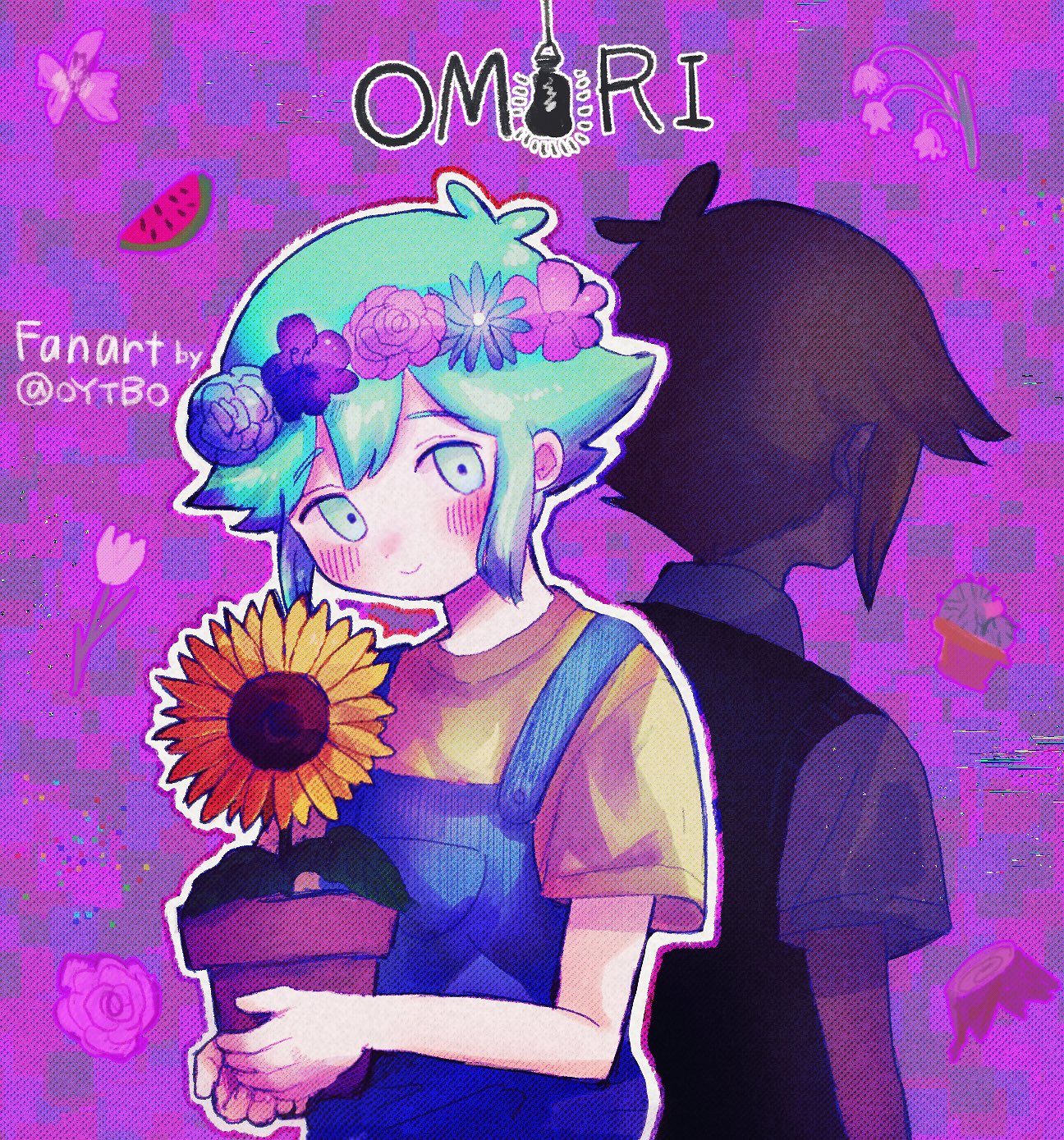 basil (faraway) (omori), basil (headspace) (omori), basil (omori), omori, highres, 2boys, antenna hair, blonde hair, blush, closed mouth, collared shirt, copyright name, dual persona, flower, flower pot, green eyes, green hair, green shirt, green sweater vest, head wreath, holding, holding flower pot, looking at viewer, male focus, multiple boys, oytbo, plant, potted plant, shirt, short hair, short sleeves, sidelocks, smile, sunflower, sweater vest, t-shirt, twitter username, white shirt