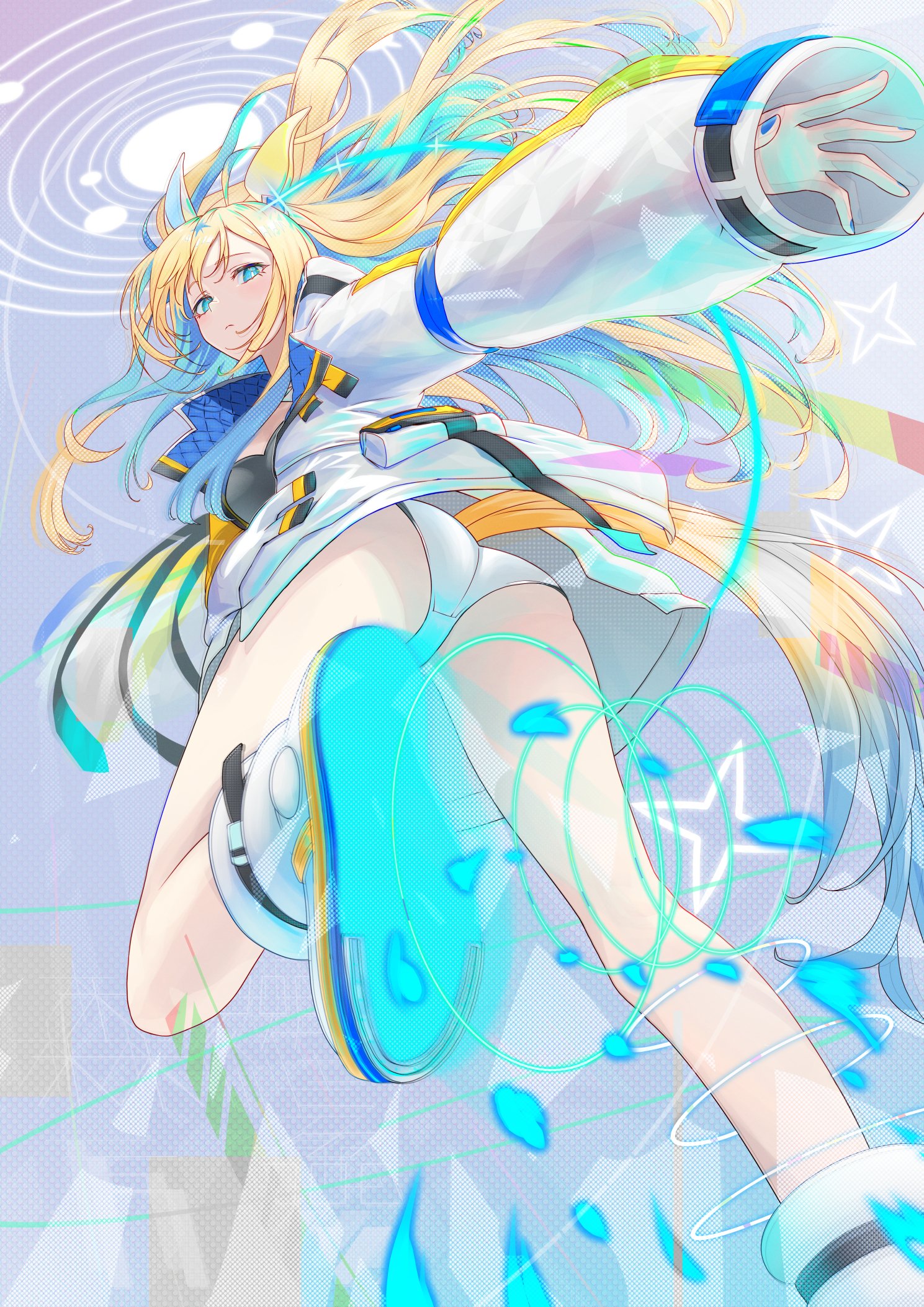 nabe puyo, neo universe (umamusume), umamusume, commentary request, highres, 1girl, ahoge, animal ears, ass, bandeau, black bandeau, blonde hair, blue eyes, blue hair, blue tail, closed mouth, colored inner hair, diamond hair ornament, ear covers, floating hair, from below, gradient tail, horse ears, horse girl, horse tail, jacket, legs, long hair, long sleeves, looking at viewer, multicolored hair, oversized jacket, panties, shoe soles, single ear cover, solo, tail, thighs, two-tone hair, two-tone tail, underwear, very long hair, white jacket, white panties, yellow tail