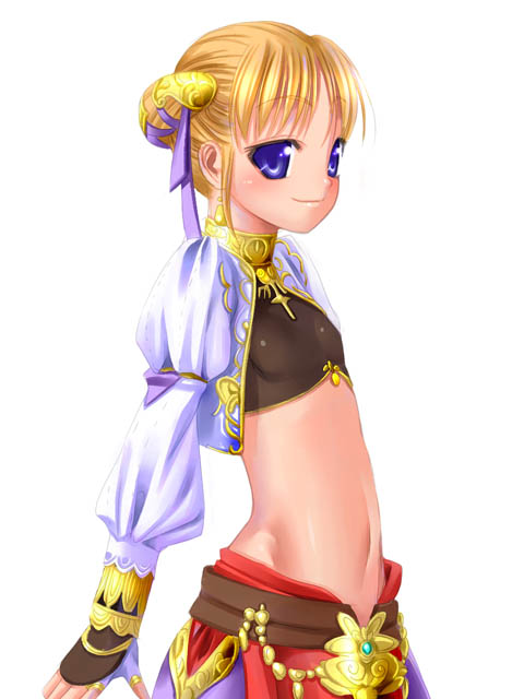 afumau (final fantasy), final fantasy, final fantasy xi, 00s, 1girl, belt, blonde hair, blue eyes, blush, brown gloves, cowboy shot, female focus, fingerless gloves, gem, gloves, hume, long sleeves, midriff, navel, short hair, simple background, solo, stomach, white background
