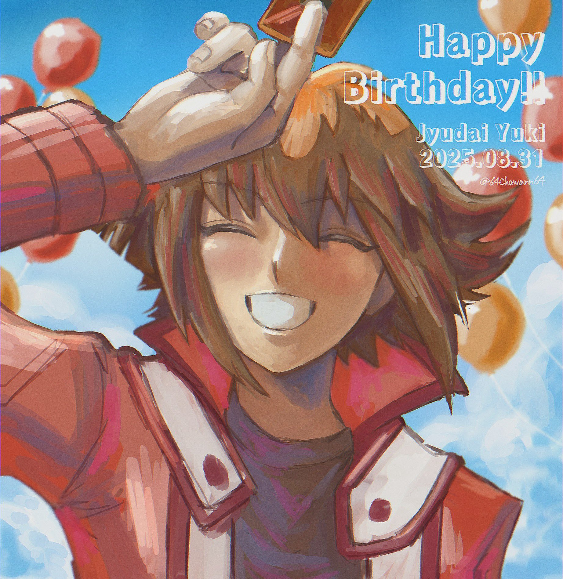 yuki judai, yu-gi-oh!, yu-gi-oh! gx, highres, 64chawann64, balloon, black shirt, blush, brown hair, card, closed eyes, collared jacket, duel academy uniform (yu-gi-oh! gx), happy birthday, holding, holding card, jacket, male focus, popped collar, red jacket, shirt, sidelocks, smile, solo, spiked hair, trading card