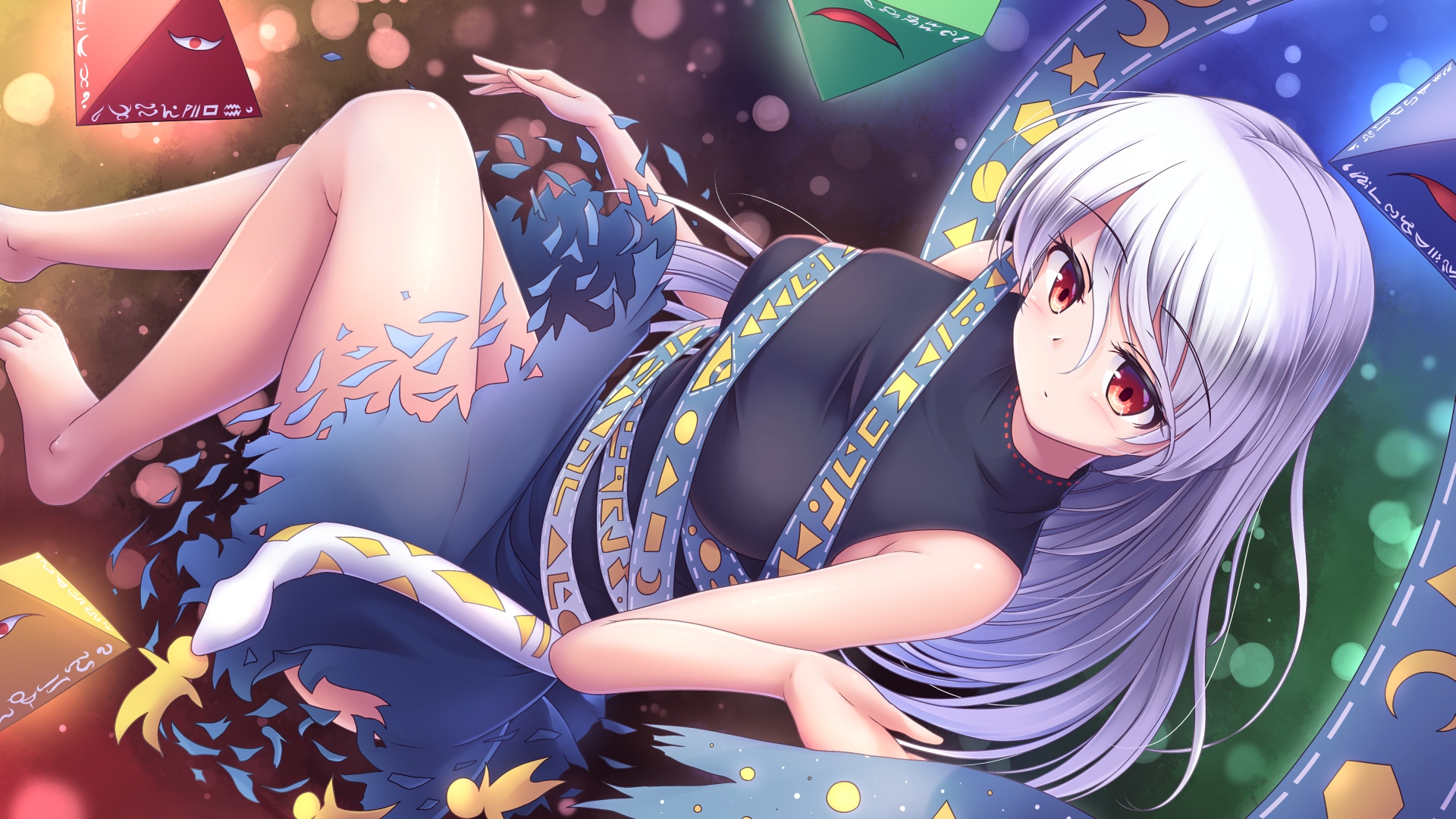 lzh, yuiman asama, touhou, commentary request, highres, 1girl, barefoot, black shirt, blue ribbon, blue skirt, blush, breasts, closed mouth, foot out of frame, hair between eyes, large breasts, long hair, looking at viewer, pyramid (geometry), red eyes, ribbon, ribbon around body, shirt, skirt, sleeveless, sleeveless shirt, solo, tight clothes, tight shirt, torn clothes, torn skirt, white hair