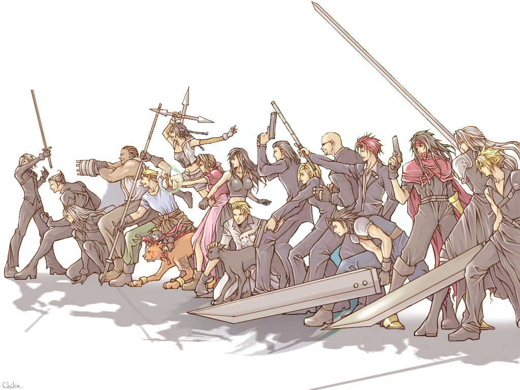 garakuta (chika), aerith gainsborough, barret wallace, cait sith (final fantasy), cid highwind, cloud strife, elena (ff7), kadaj, loz, red xiii, reno (ff7), rude (ff7), rufus shinra, sephiroth, tifa lockhart, tseng, vincent valentine, yazoo, yuffie kisaragi, zack fair, crisis core final fantasy vii, final fantasy, final fantasy vii, final fantasy vii advent children, square enix, silver hair, 00s, 1990s (style), 4girls, 6+boys, artistic error, bald, black hair, blonde hair, brown hair, buster sword, dress, everyone, gun, huge weapon, multiple boys, multiple girls, opposing sides, pink dress, red hair, retro artstyle, sword, turks (ff7), weapon