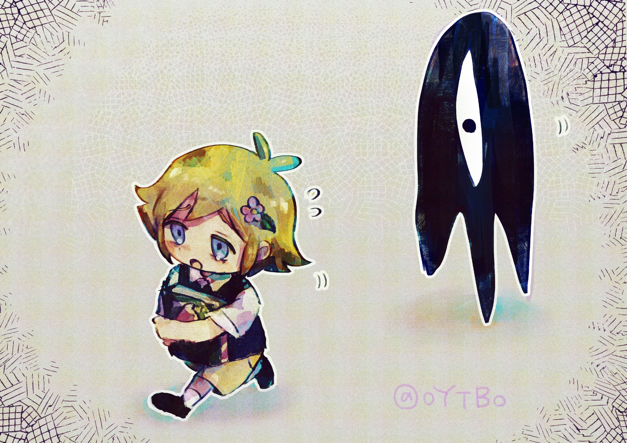 basil (faraway) (omori), basil (omori), something (omori), omori, highres, 1boy, antenna hair, black shoes, blonde hair, blue eyes, book, brown shorts, chibi, chibi only, collared shirt, double-parted bangs, flower, flying sweatdrops, green sweater vest, grey background, hair flower, hair ornament, holding, holding book, loafers, male focus, open mouth, oytbo, shirt, shoes, short hair, shorts, socks, solo, sweater vest, twitter username, white shirt, white socks